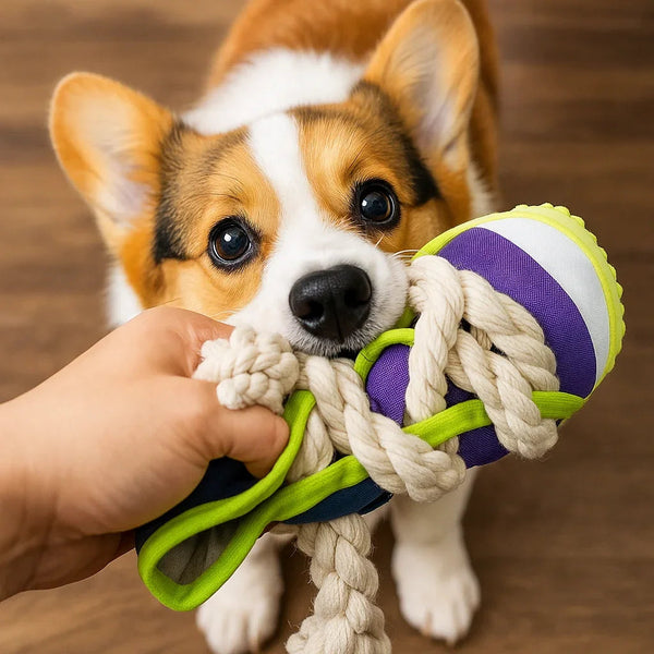 Squeaky slipper with sturdy cotton rope – dental care & fun for dogs